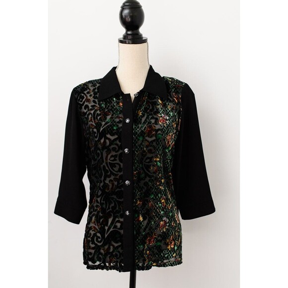 Vintage Black Velvet burnout sheer front button up 3/4 sleeve shirt womens - Picture 1 of 4